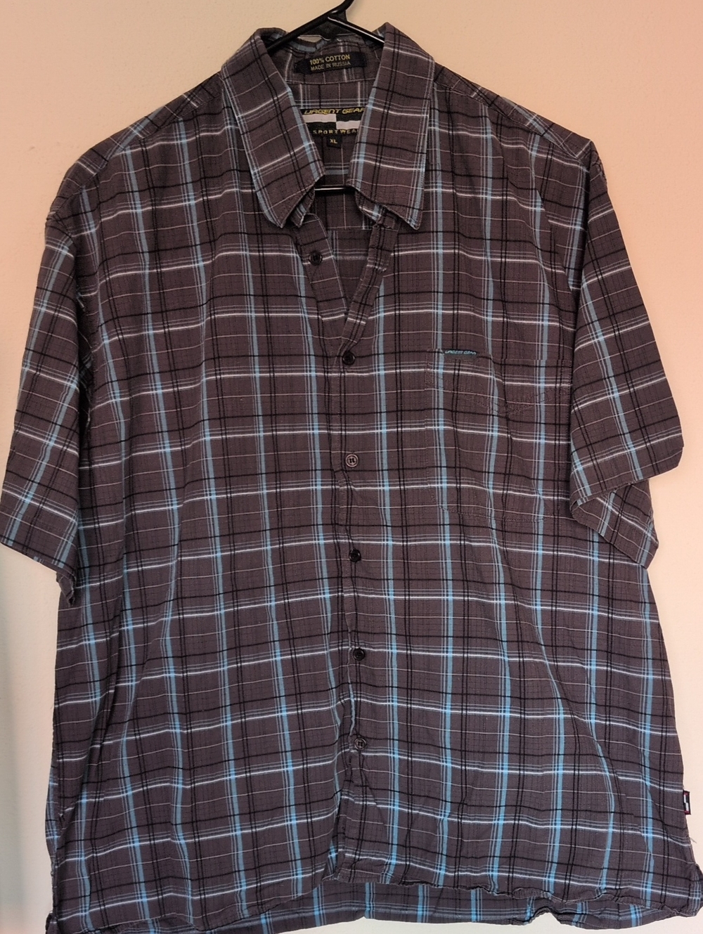 Urgent Gear Sport Wear Men's Short-Sleeve Plaid Button-Up Shirt - Gray/Blue XL
